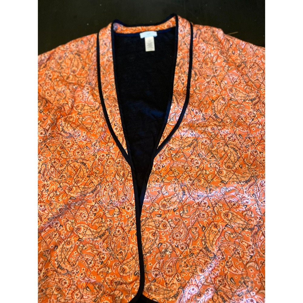 J Jill Women's Quilted Ruana Kimono Belted Jacket S/L Orange Paisley Cottagecore
